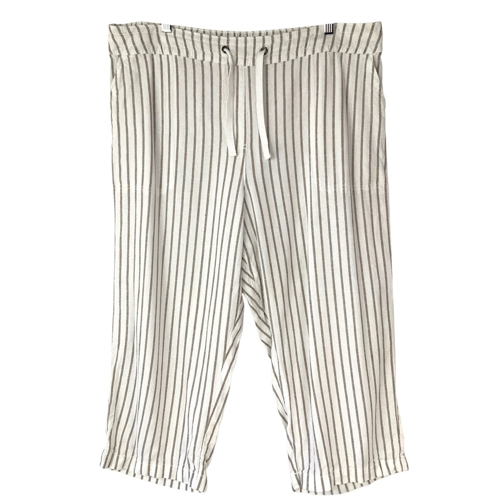 Dash Cream Brown Striped Linen Blend Crop Pants XL Drawstring Elastic Waist